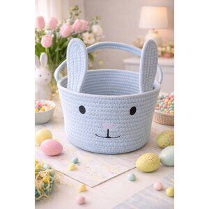 New Farmhouse Woven Blue Bunny Easter Gift Basket W/ Ears Kids Boy